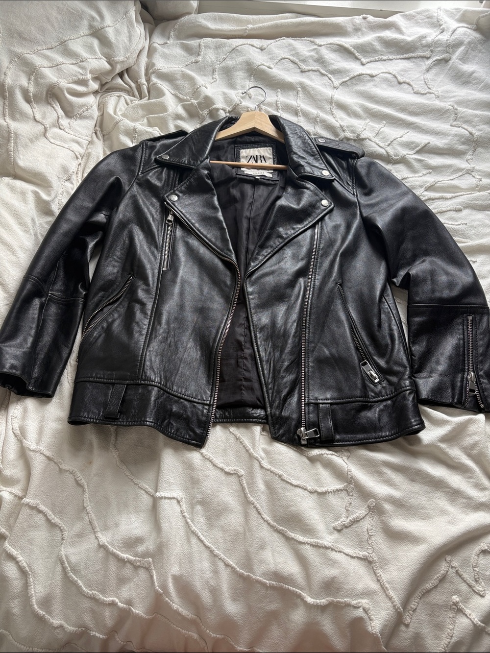 Zara Black Leather Moto Jacket with Asymmetrical Zip